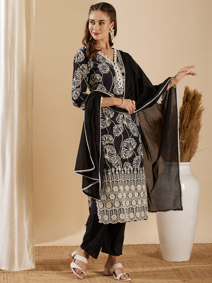 Floral Printed Schiffli Embroidered Straight Kurta with Pant & Dupatta - Black