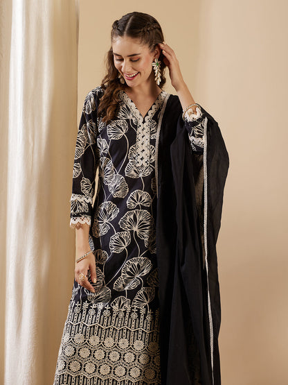 Floral Printed Schiffli Embroidered Straight Kurta with Pant & Dupatta - Black