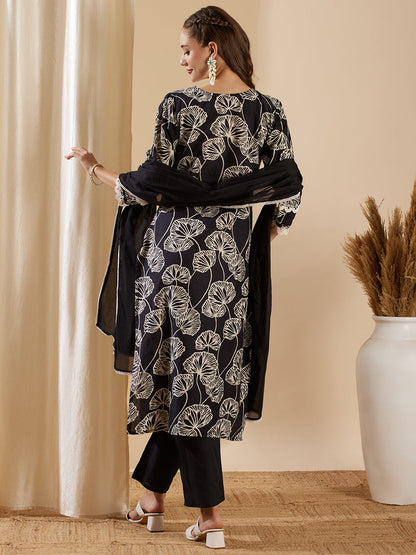 Floral Printed Schiffli Embroidered Straight Kurta with Pant & Dupatta - Black