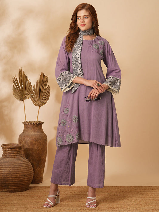 Solid Floral Embroidered Straight Fit Kurta with Pant - Lavender