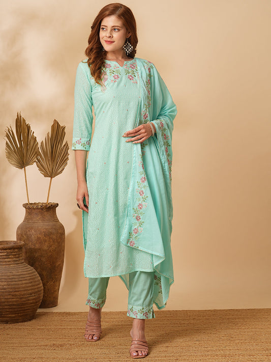 Solid Floral Embroidered Kurta with Pant & Pure Cotton Dupatta - Light Blue