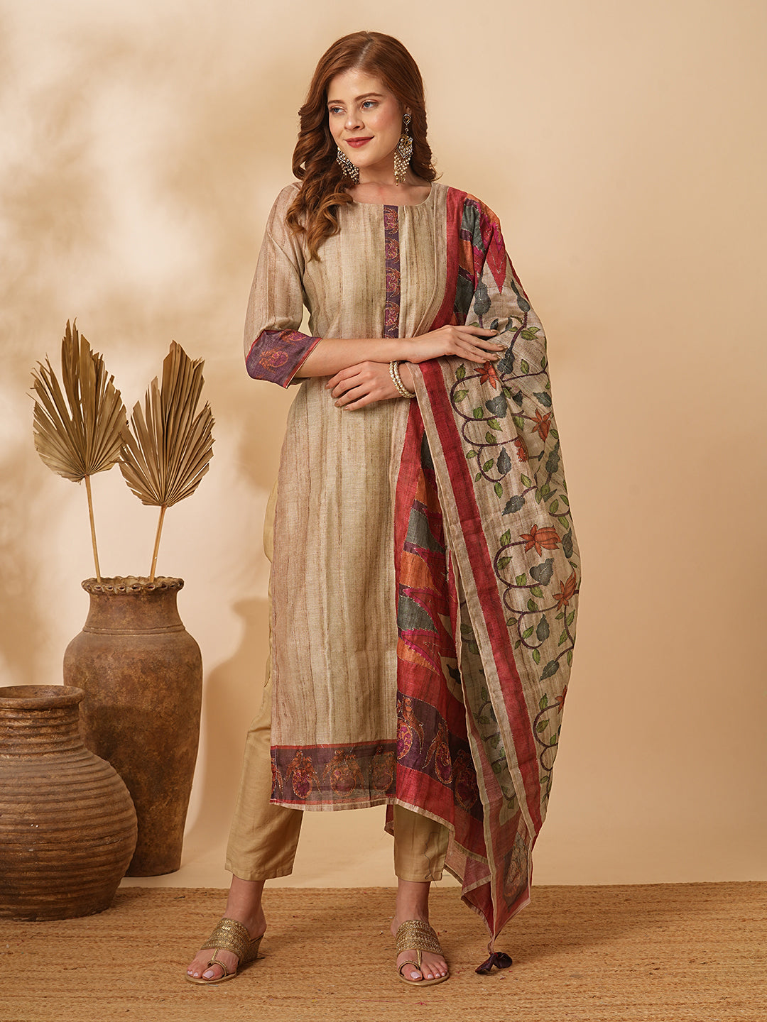 Solid Straight Kurta with Pant & Kalamkari Printed & Zari Embroidered Dupatta - Beige