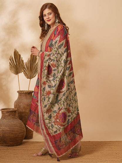 Solid Straight Kurta with Pant & Kalamkari Printed & Zari Embroidered Dupatta - Beige