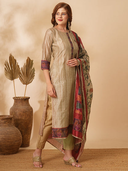 Solid Straight Kurta with Pant & Kalamkari Printed & Zari Embroidered Dupatta - Beige