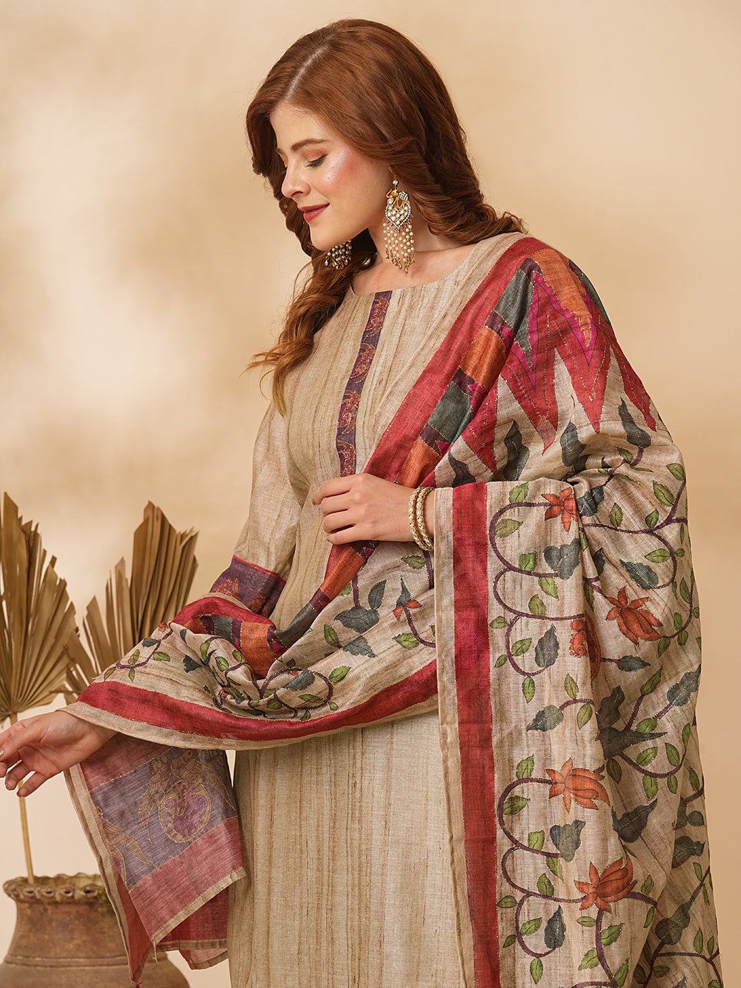 Solid Straight Kurta with Pant & Kalamkari Printed & Zari Embroidered Dupatta - Beige