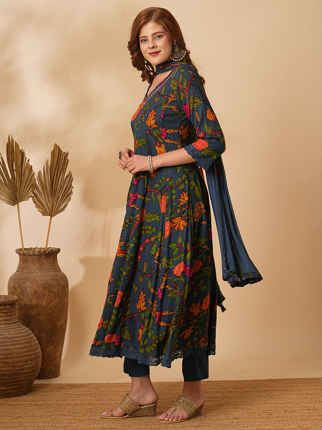 Floral Printed Mirror Embroidered Anarkali with Pant & Dupatta - Sea Green