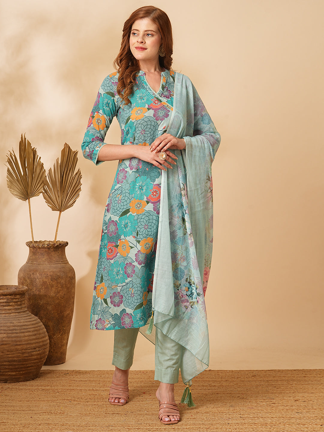 Floral Printed A-Line Paneled Kurta with Pant & Dupatta - Mint Green