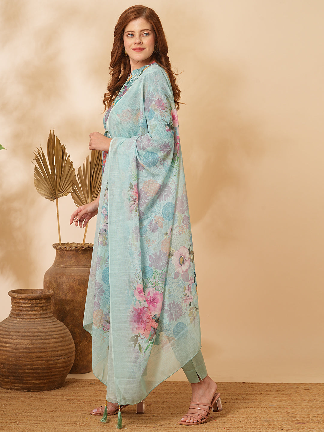 Floral Printed A-Line Paneled Kurta with Pant & Dupatta - Mint Green