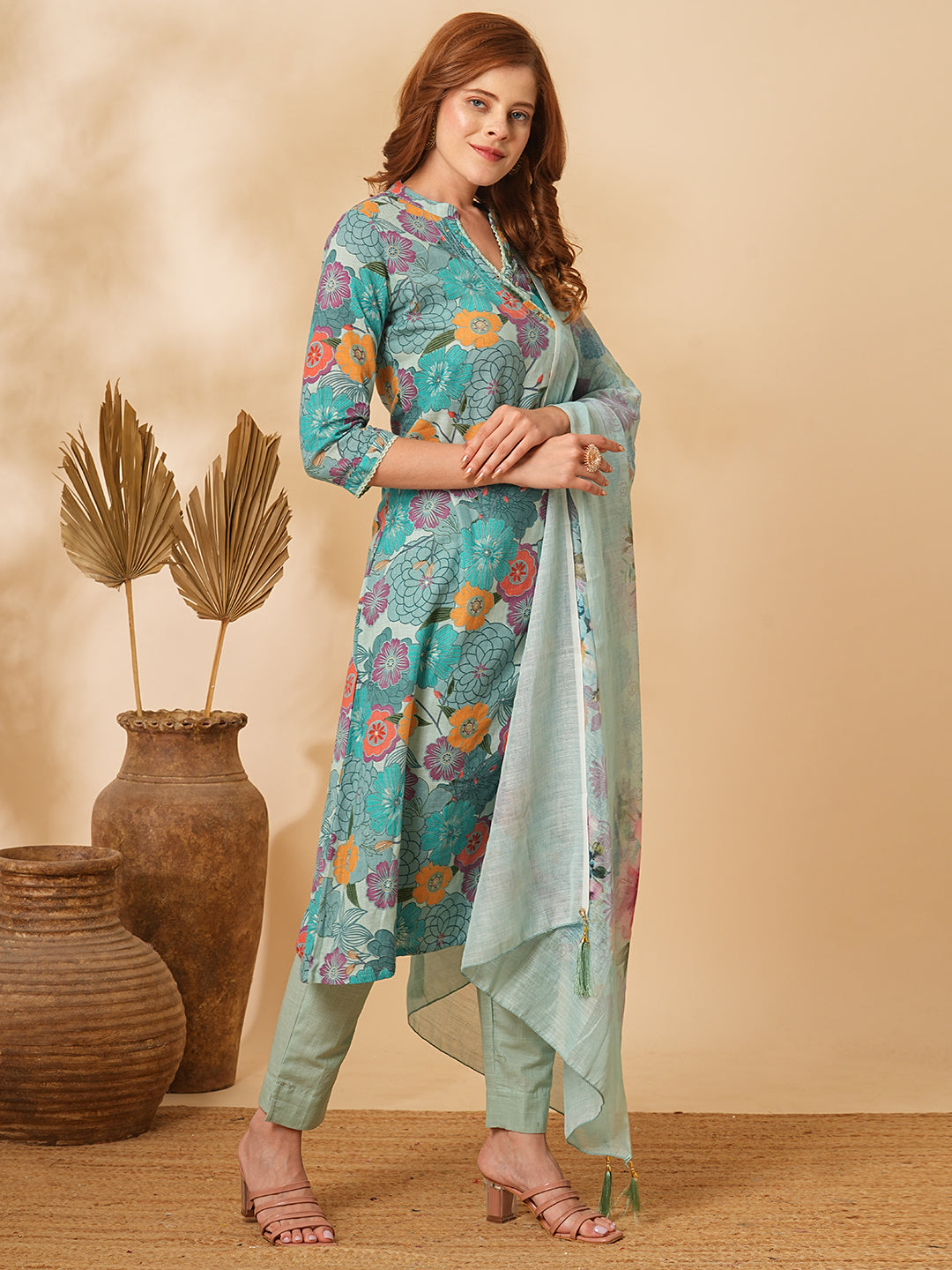 Floral Printed A-Line Paneled Kurta with Pant & Dupatta - Mint Green