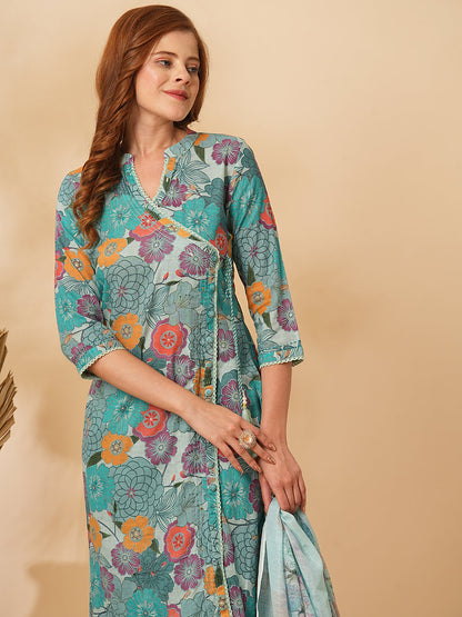 Floral Printed A-Line Paneled Kurta with Pant & Dupatta - Mint Green