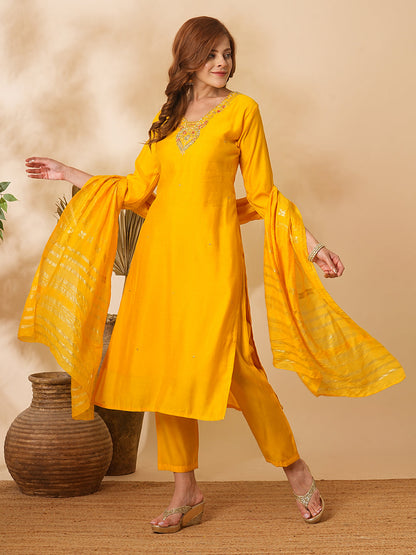 Solid Floral Hand Embroidered Straight Fit Kurta with Pant & Dupatta - Yellow