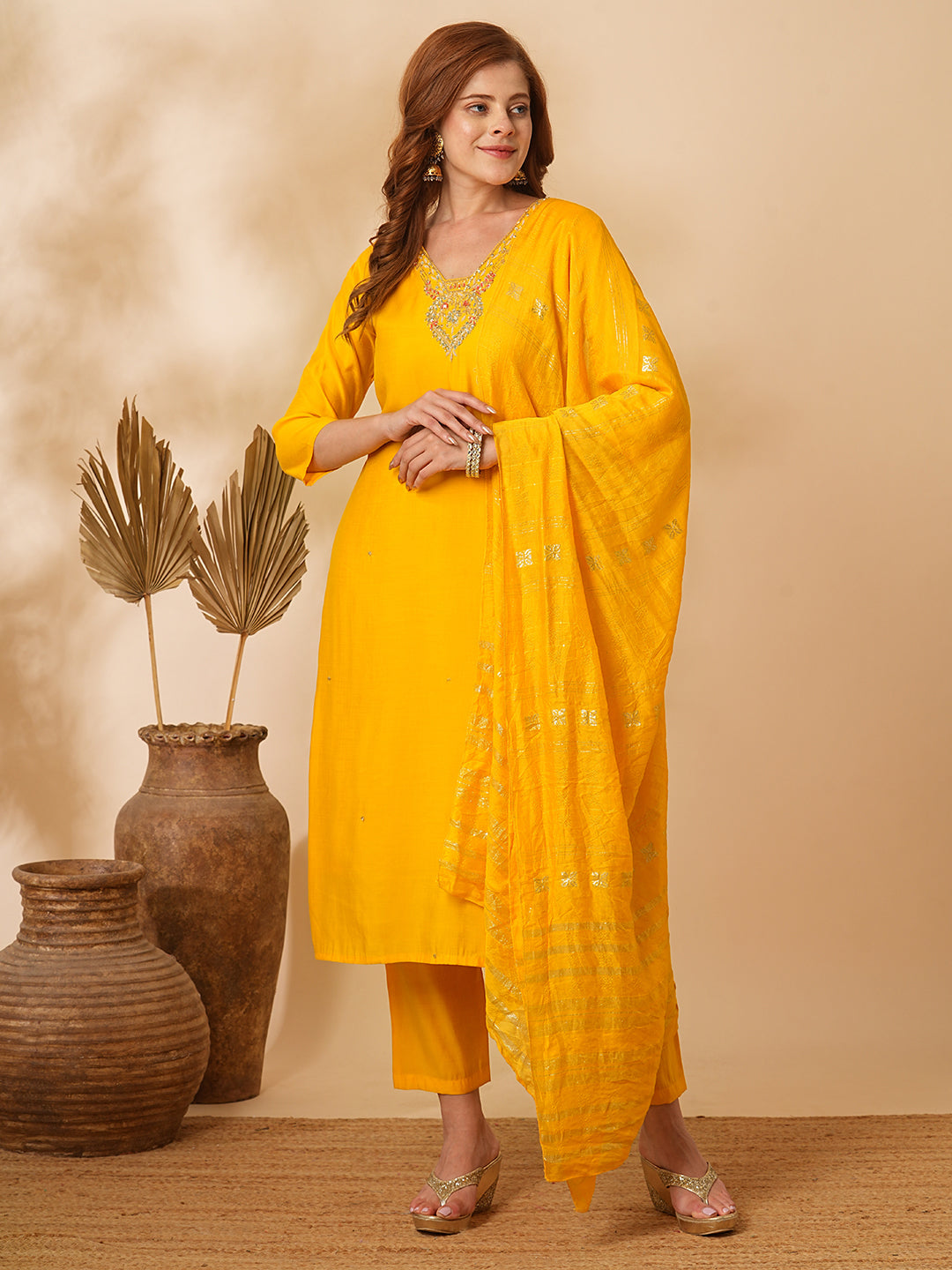 Solid Floral Hand Embroidered Straight Fit Kurta with Pant & Dupatta - Yellow