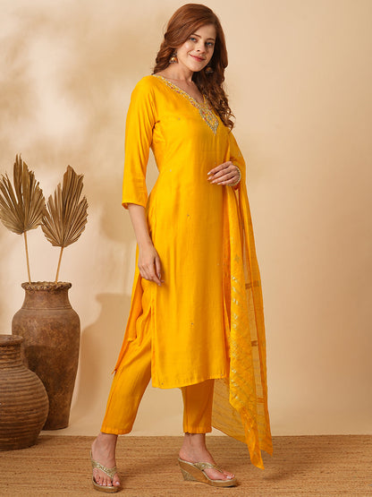 Solid Floral Hand Embroidered Straight Fit Kurta with Pant & Dupatta - Yellow