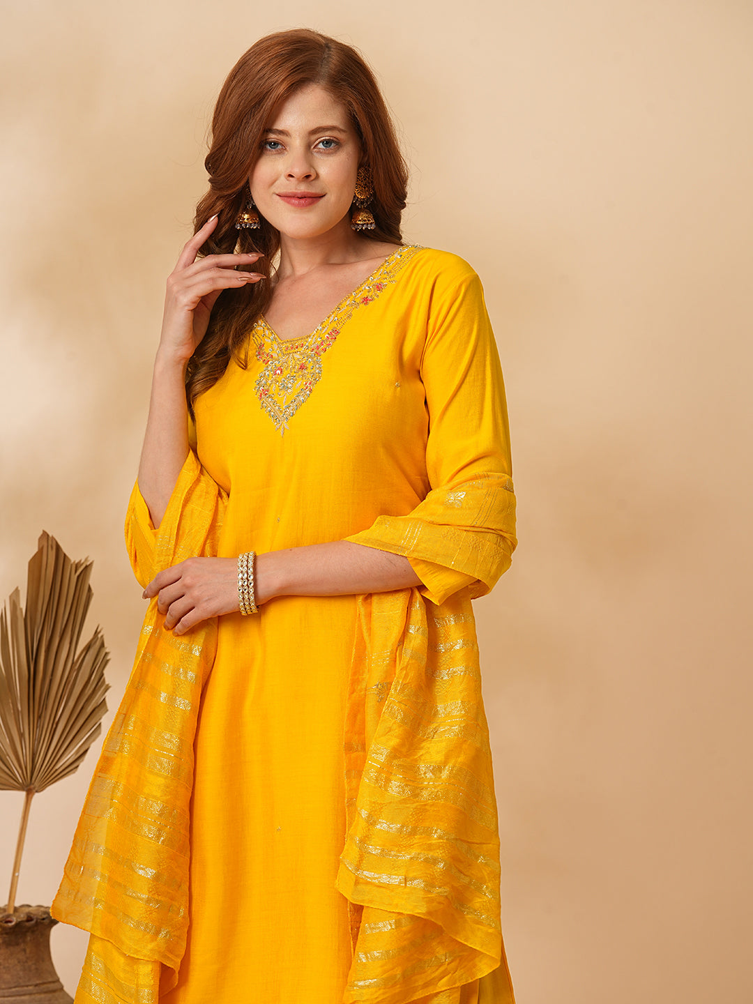 Solid Floral Hand Embroidered Straight Fit Kurta with Pant & Dupatta - Yellow