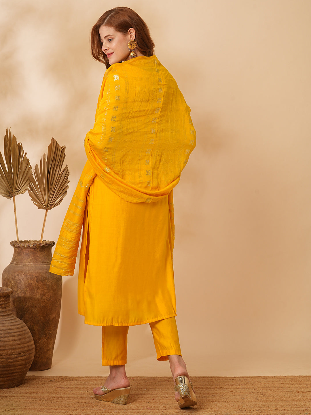 Solid Floral Hand Embroidered Straight Fit Kurta with Pant & Dupatta - Yellow