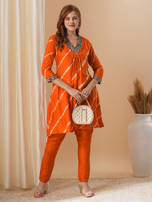 Tie - Dyed & Ethnic Embroidered A-Line Kurta with Pant - Orange