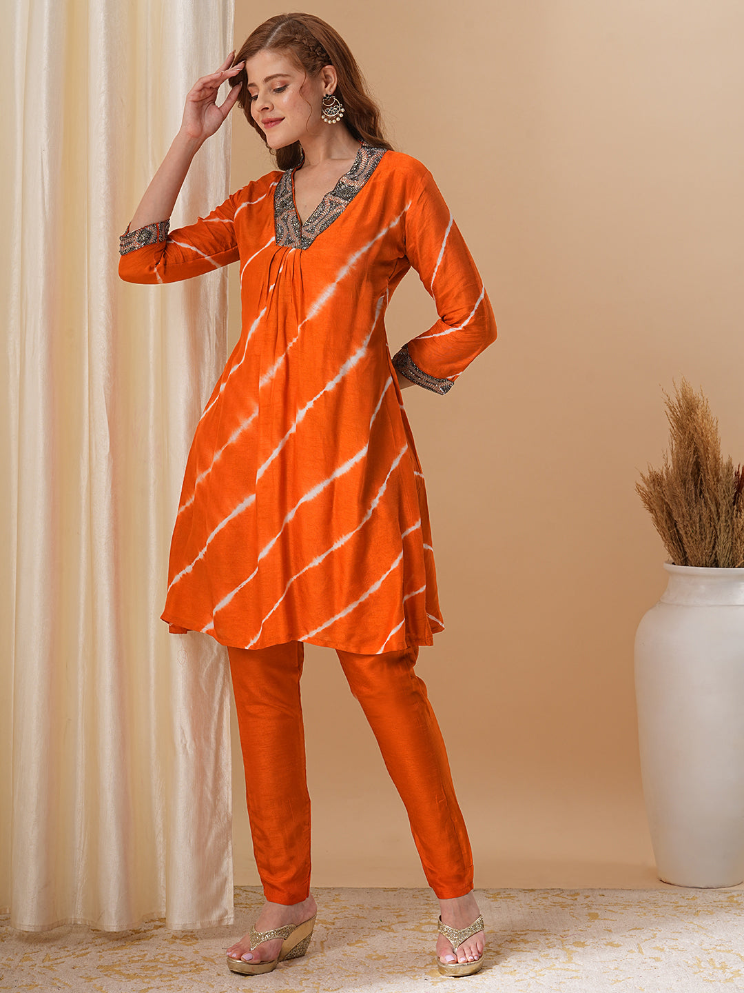 Tie - Dyed & Ethnic Embroidered A-Line Kurta with Pant - Orange