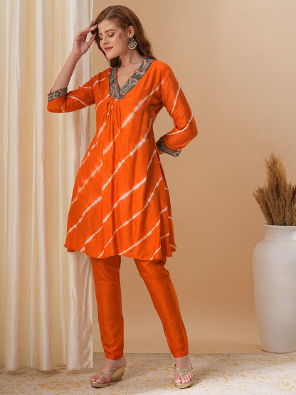 Tie - Dyed & Ethnic Embroidered A-Line Kurta with Pant - Orange