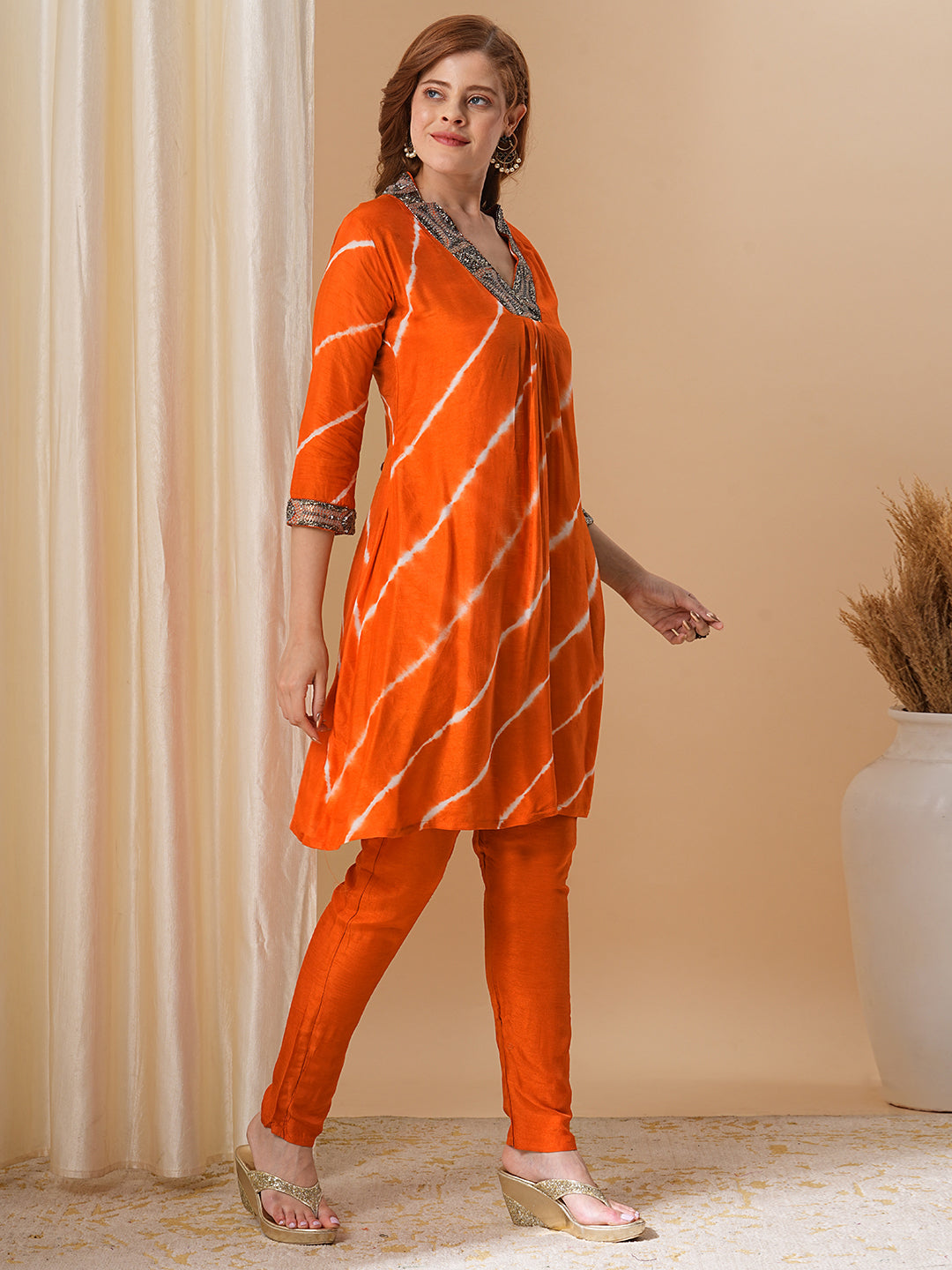 Tie - Dyed & Ethnic Embroidered A-Line Kurta with Pant - Orange