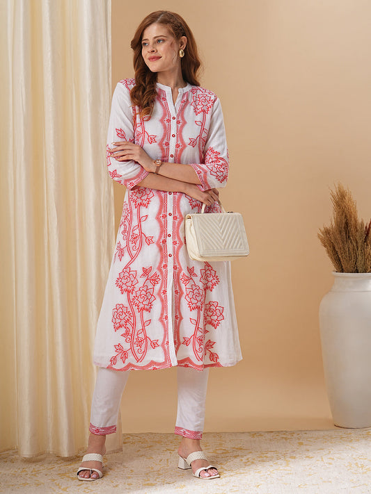 Floral Woven Jacquard A-line Kurta with Pants - White & Red