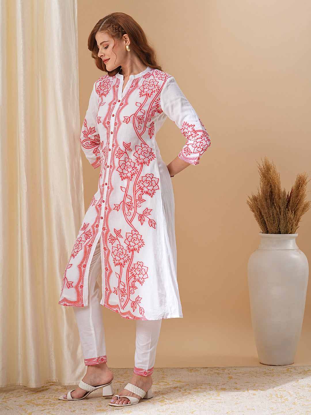 Floral Woven Jacquard A-line Kurta with Pants - White & Red