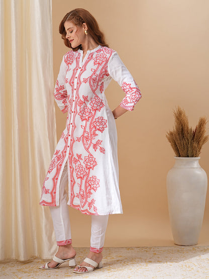 Floral Woven Jacquard A-line Kurta with Pants - White & Red