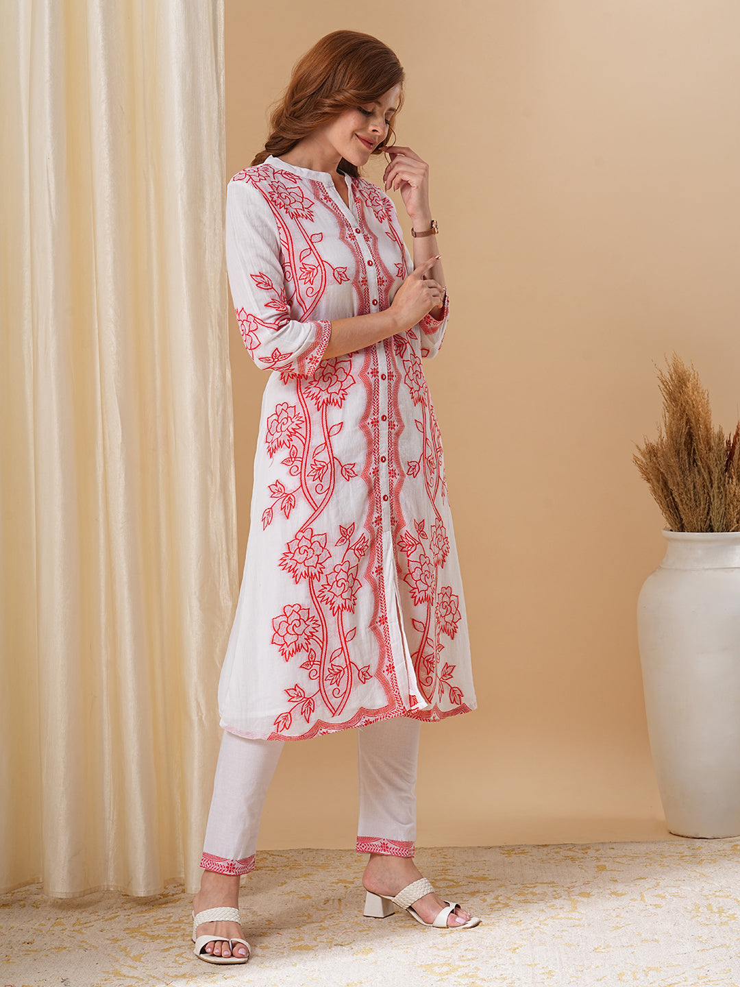 Floral Woven Jacquard A-line Kurta with Pants - White & Red