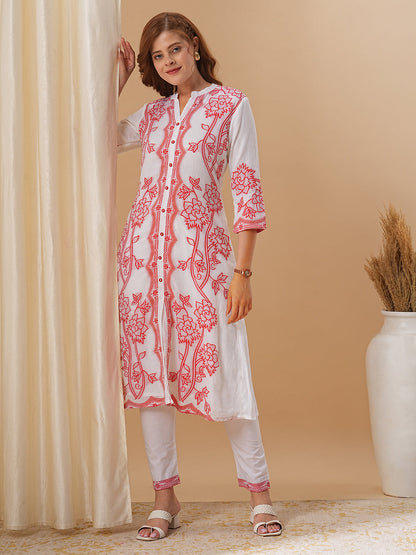 Floral Woven Jacquard A-line Kurta with Pants - White & Red