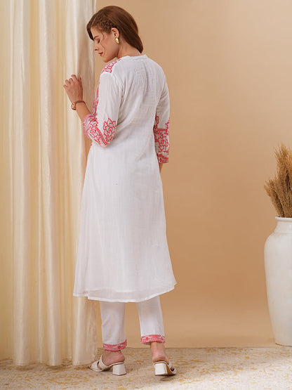 Floral Woven Jacquard A-line Kurta with Pants - White & Red