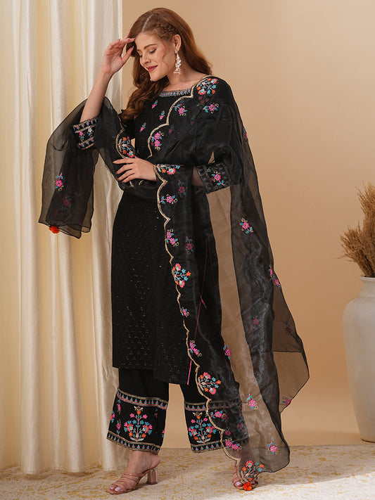 Sequin & Floral Embroidered Straight Kurta with Pant & Organza Dupatta - Black