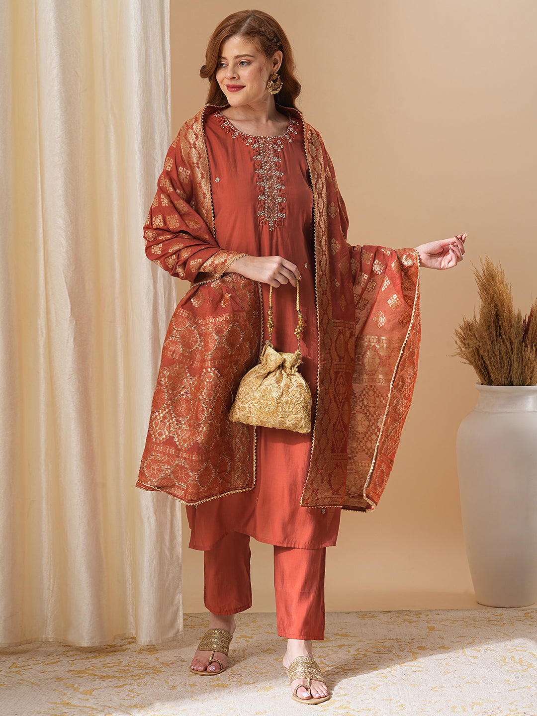 Solid Floral Hand Embroidered Straight Fit Kurta with Pant & Dupatta - Rust