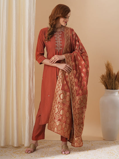 Solid Floral Hand Embroidered Straight Fit Kurta with Pant & Dupatta - Rust