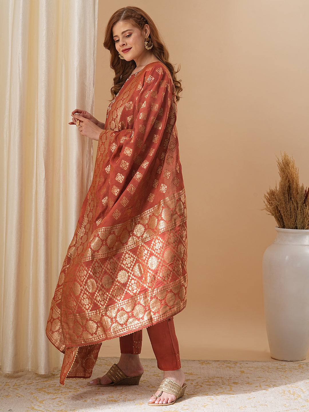 Solid Floral Hand Embroidered Straight Fit Kurta with Pant & Dupatta - Rust