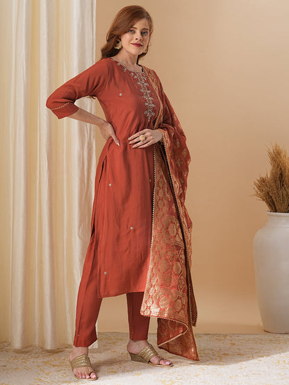 Solid Floral Hand Embroidered Straight Fit Kurta with Pant & Dupatta - Rust