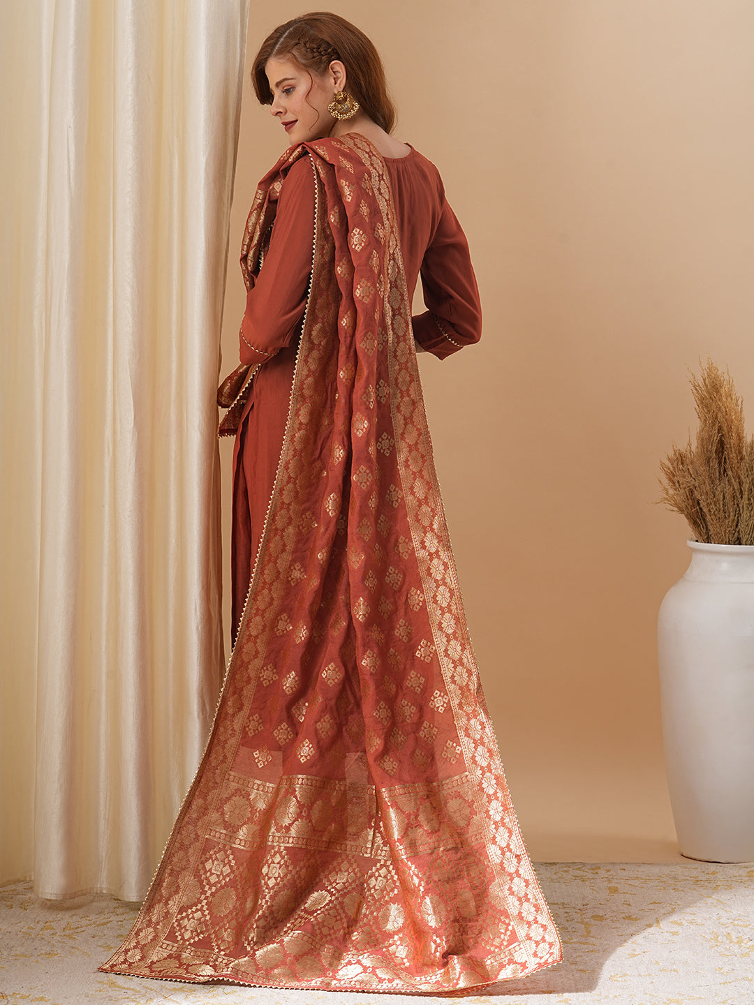 Solid Floral Hand Embroidered Straight Fit Kurta with Pant & Dupatta - Rust