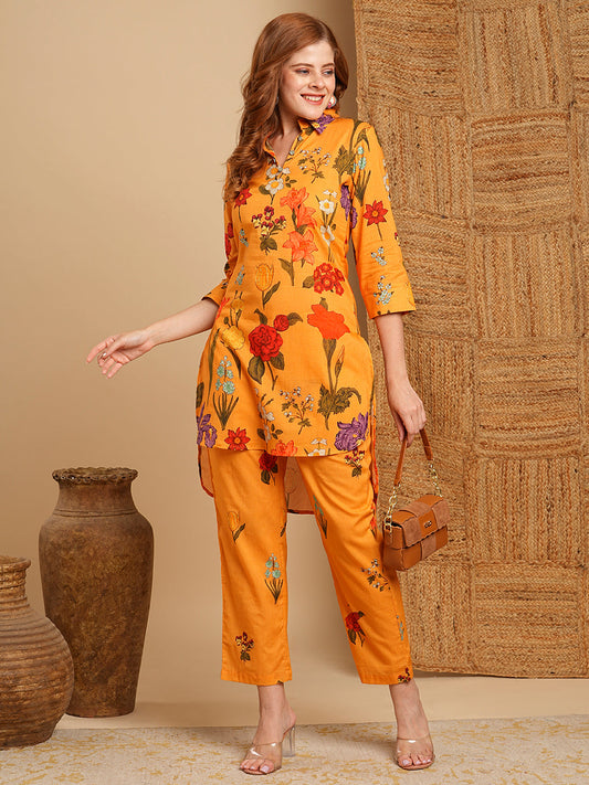 Floral Printed Straight Fit Kurta with Pant - Yellow