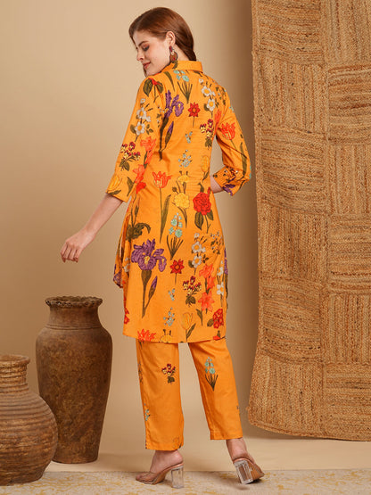 Floral Printed Straight Fit Kurta with Pant - Yellow