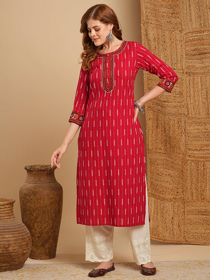 Ethnic Stripes Printed & Embroidered Straight Kurta with Schiffli Palazzo - Red