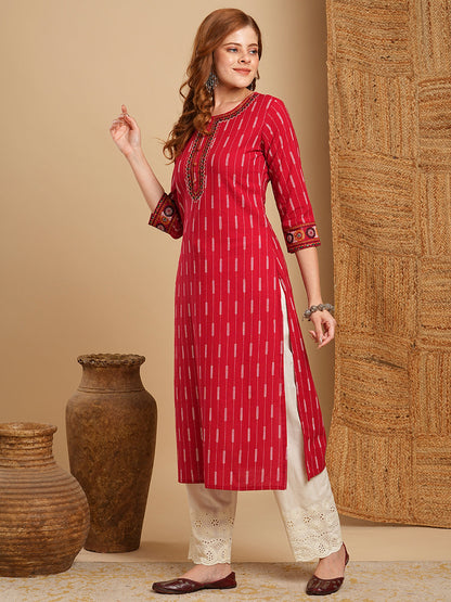 Ethnic Stripes Printed & Embroidered Straight Kurta with Schiffli Palazzo - Red