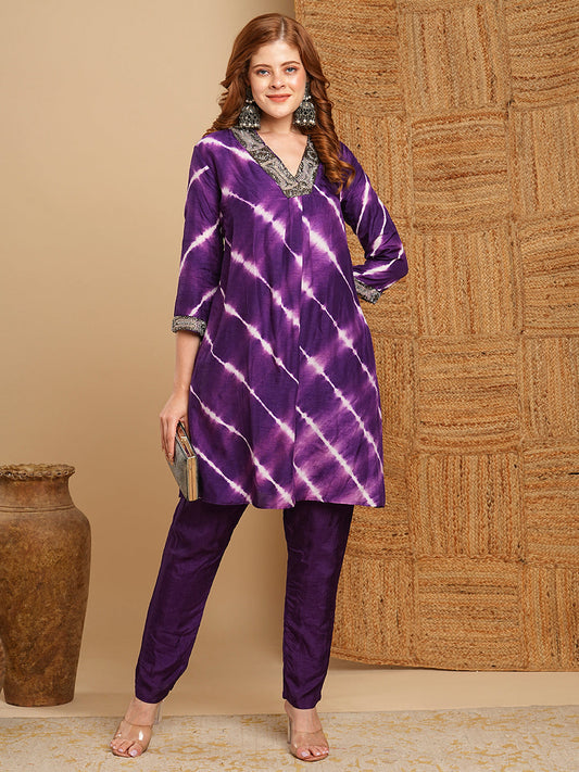 Tie - Dyed & Ethnic Embroidered A-Line Kurta with Pant - Deep Purple