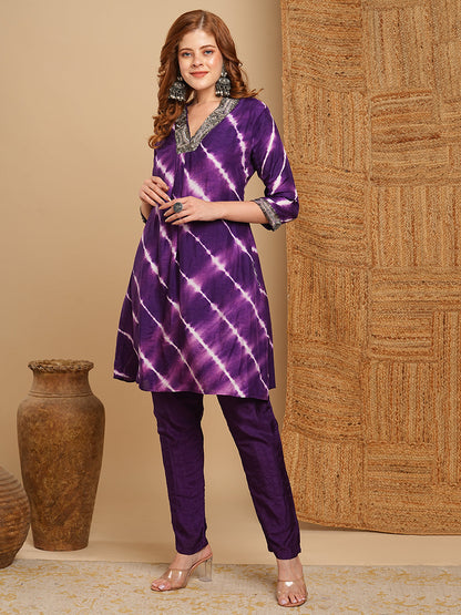 Tie - Dyed & Ethnic Embroidered A-Line Kurta with Pant - Deep Purple