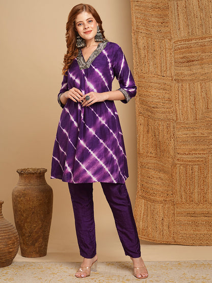 Tie - Dyed & Ethnic Embroidered A-Line Kurta with Pant - Deep Purple