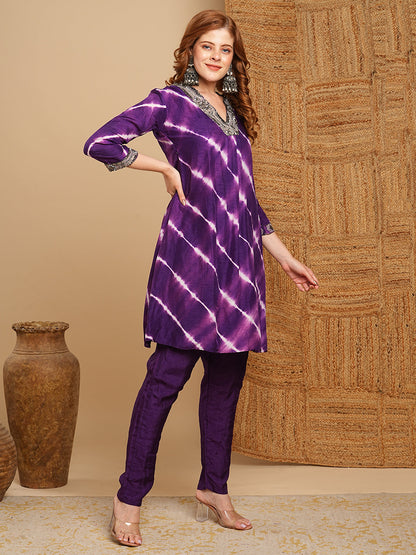 Tie - Dyed & Ethnic Embroidered A-Line Kurta with Pant - Deep Purple