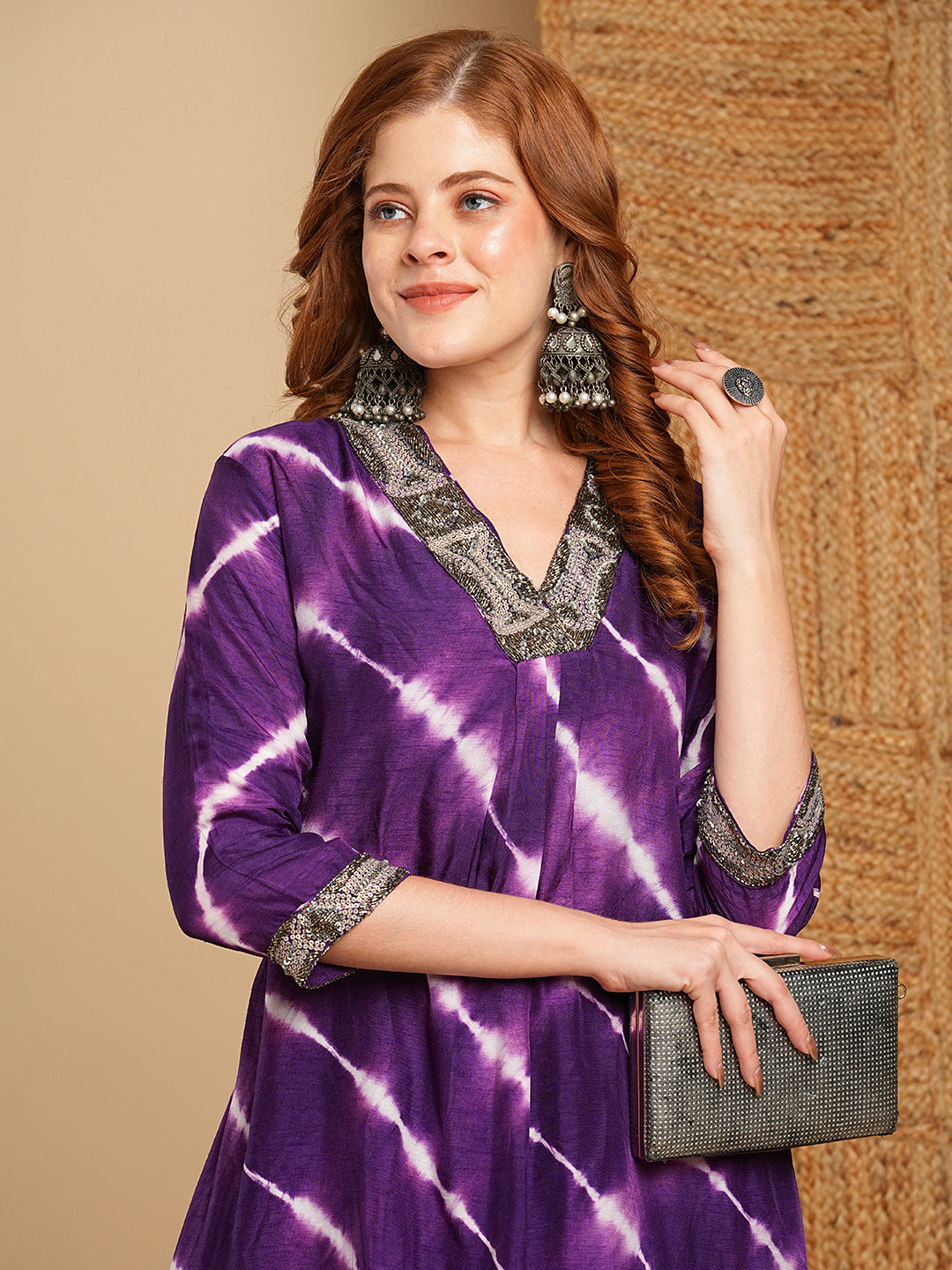 Tie - Dyed & Ethnic Embroidered A-Line Kurta with Pant - Deep Purple