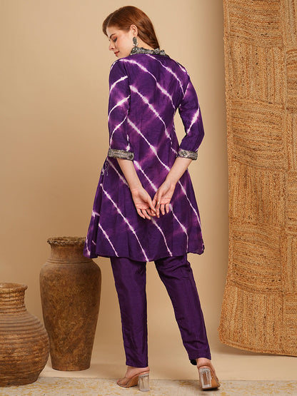 Tie - Dyed & Ethnic Embroidered A-Line Kurta with Pant - Deep Purple