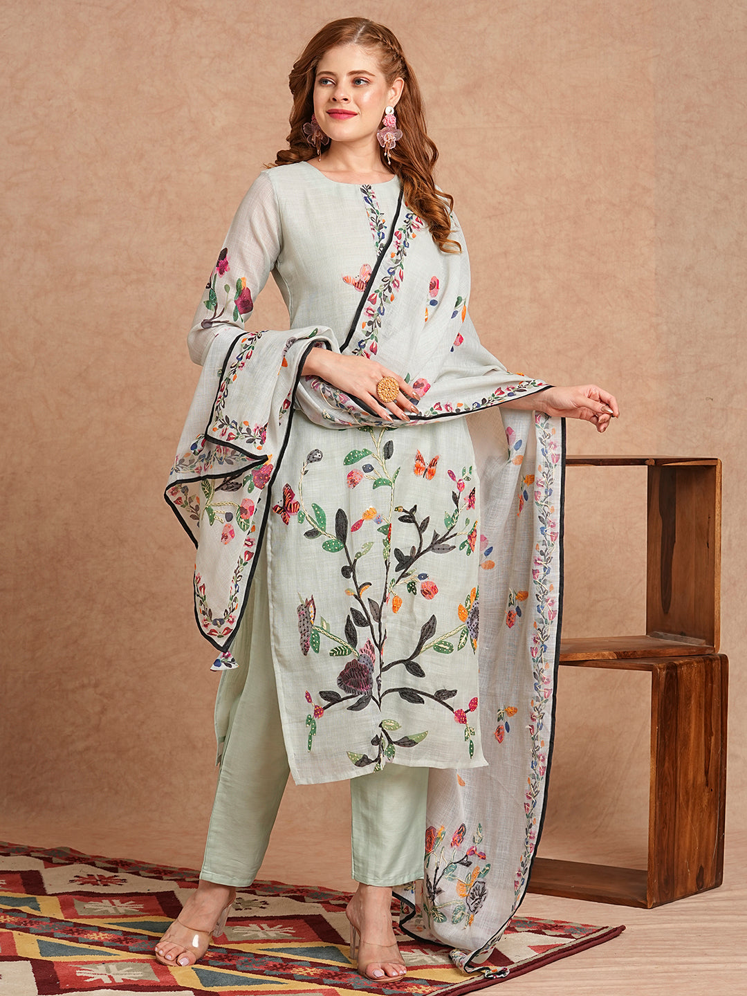 Floral Abstract Printed & Hand Embroidered Kurta with Pant & Dupatta - Mint Green