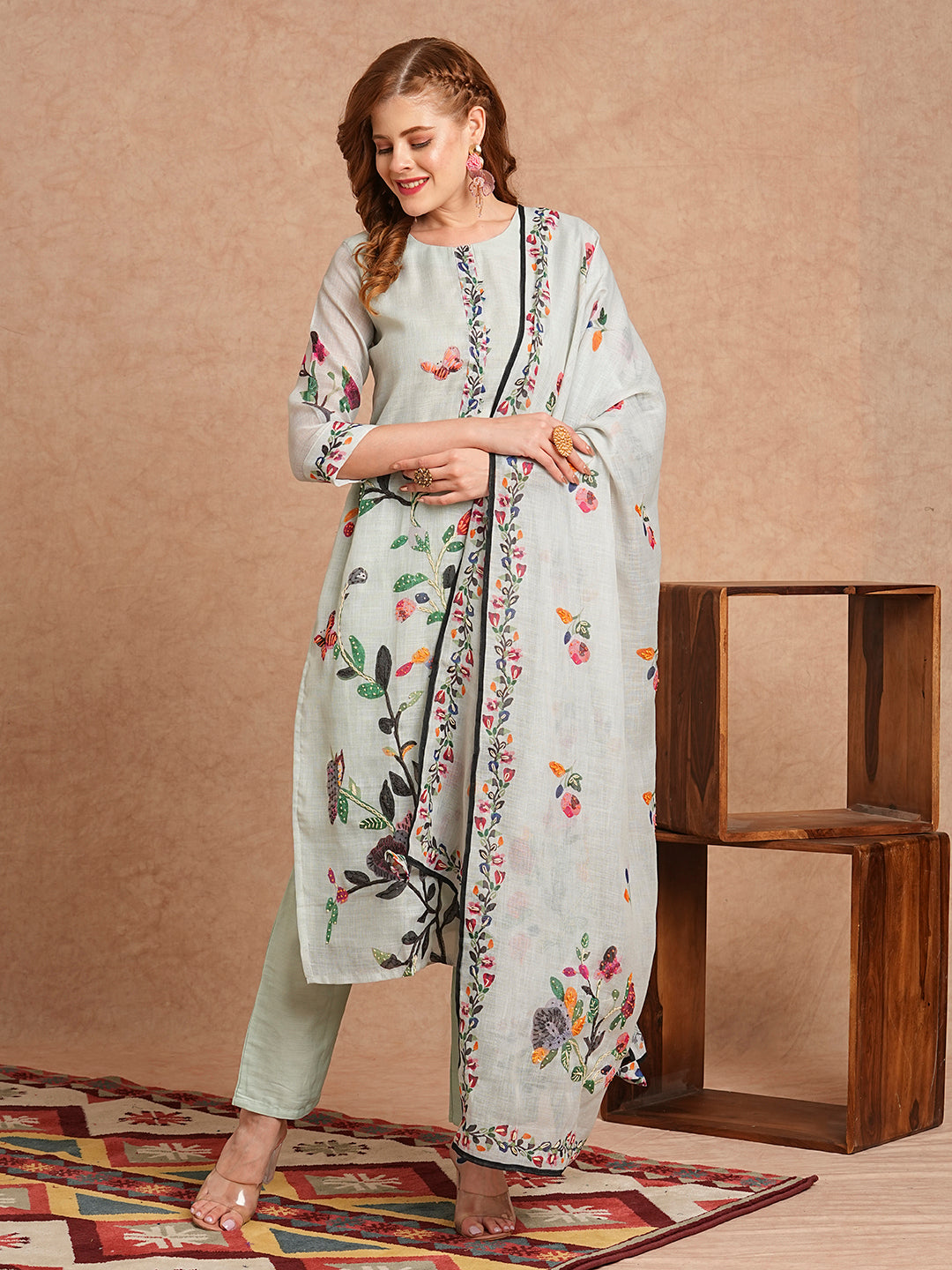 Floral Abstract Printed & Hand Embroidered Kurta with Pant & Dupatta - Mint Green