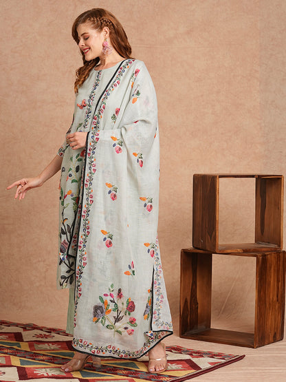 Floral Abstract Printed & Hand Embroidered Kurta with Pant & Dupatta - Mint Green