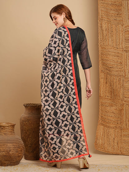 Geometric Floral Printed & Embroidered Straight Fit Kurta with Pant and Dupatta - Black