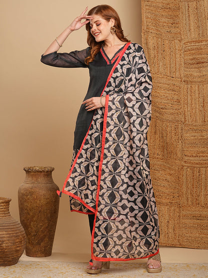 Geometric Floral Printed & Embroidered Straight Fit Kurta with Pant and Dupatta - Black